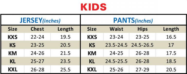 Size chart football uniform