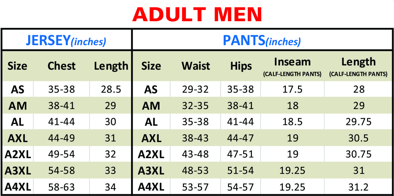 Size chart Baseball (Knicker Pants)